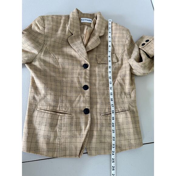 Women’s Vintage 90s Tan Windowpane Holiday Plaid Wool Blazer Suit Jacket Medium - Picture 5 of 6
